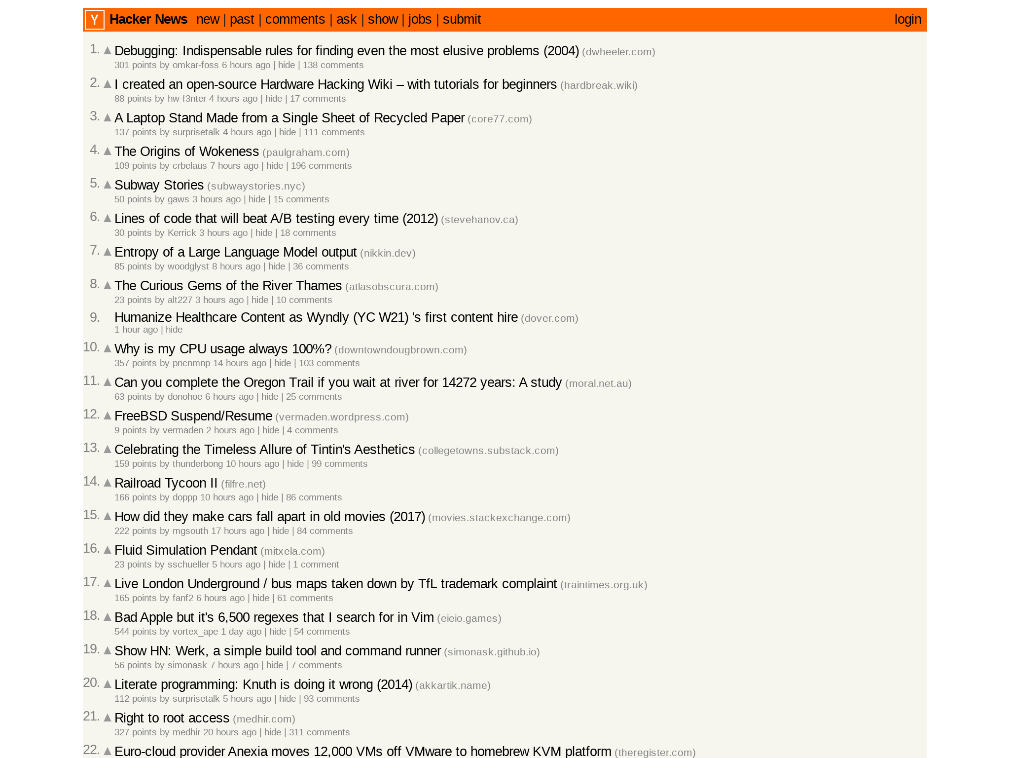 Screenshot of Hacker News Homepage